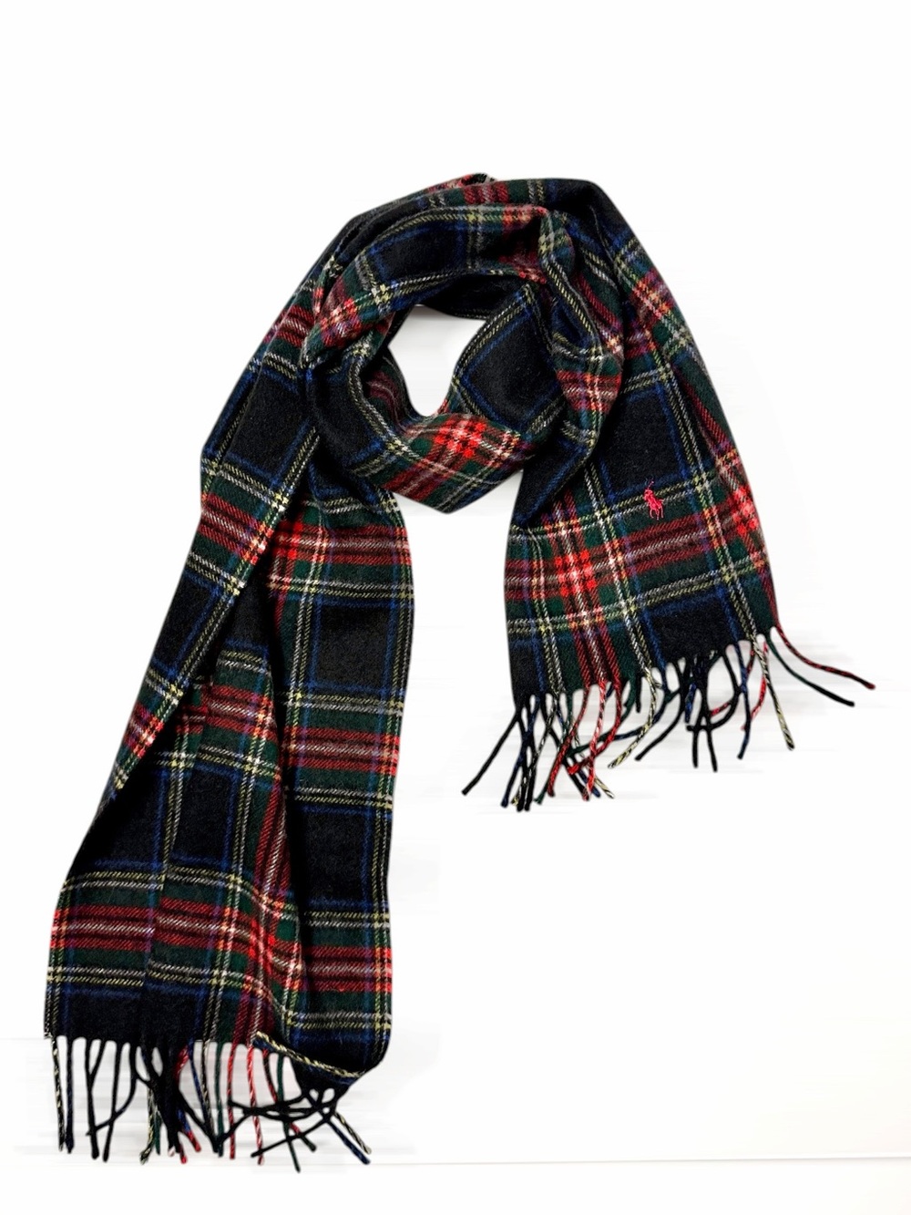 Polo Ralph Lauren Cashmere Black Tartan Plaid Scarf Made in England Pony 66"